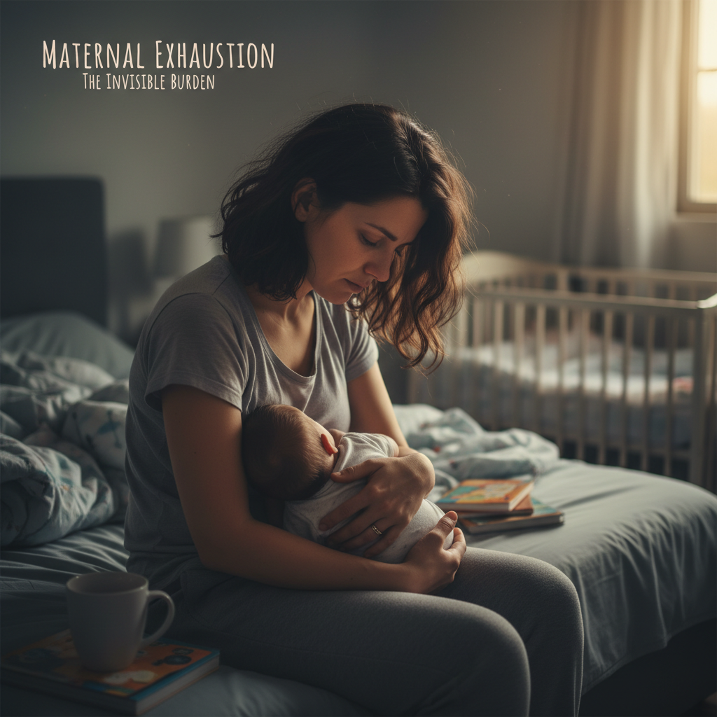 Mãe sentada na cama amamentando bebê durante a noite, representando exaustão materna e privação de sono no pós-parto